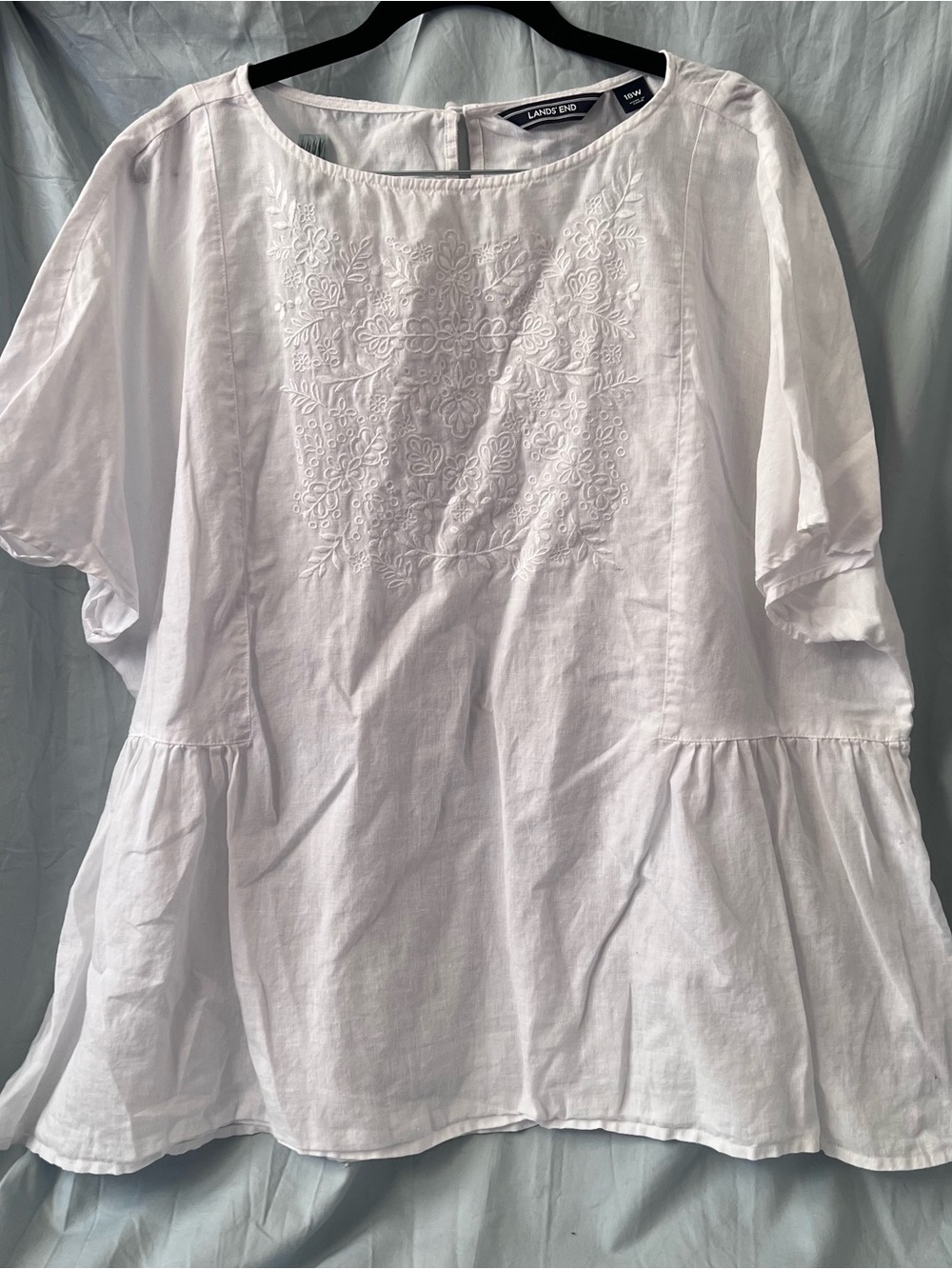 Lands' End White Linen Embroidered Blouse